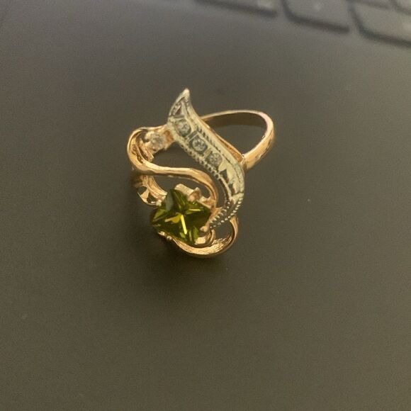 Gorgeous FJ Fallon Gold plate and Silver Olive Green CZ ring, Stamped - Picture 1 of 5